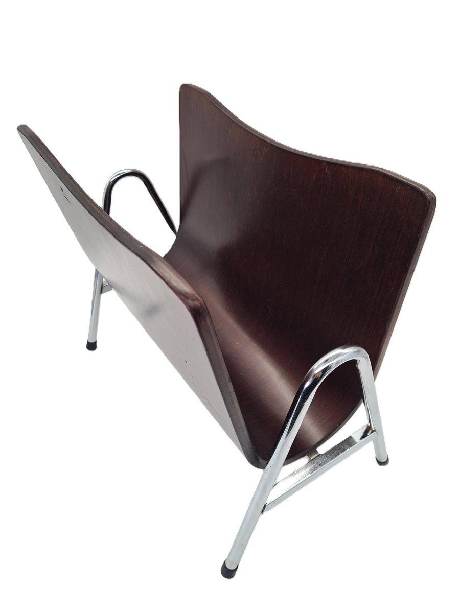 Mid Century Modern Magazine Rack In Bent Plywood And Chrome, 1960s