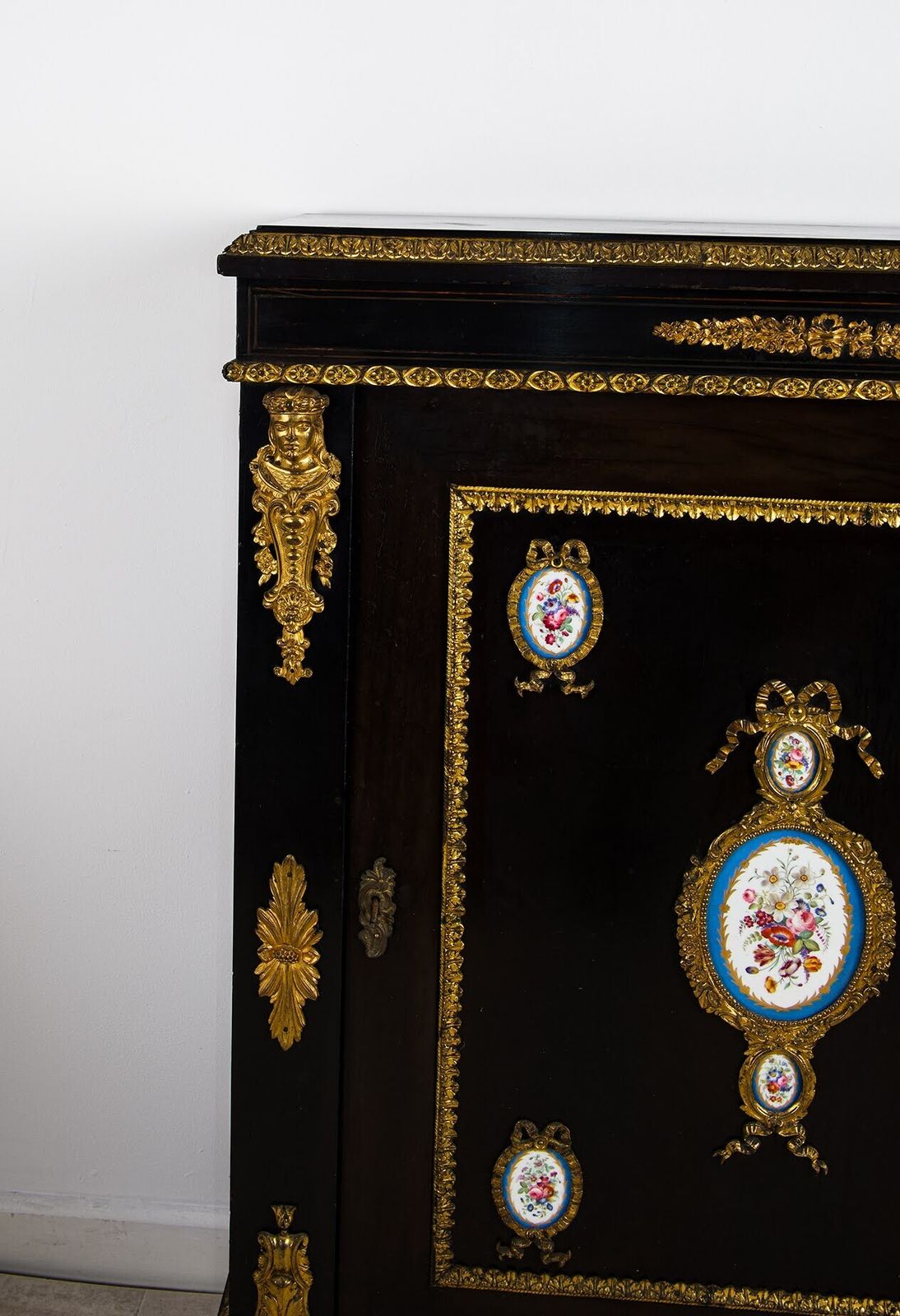 Antique French Ebonised Ormolu Mounted Cabinet With Sevres Style Porcelain Plaques photo for sale