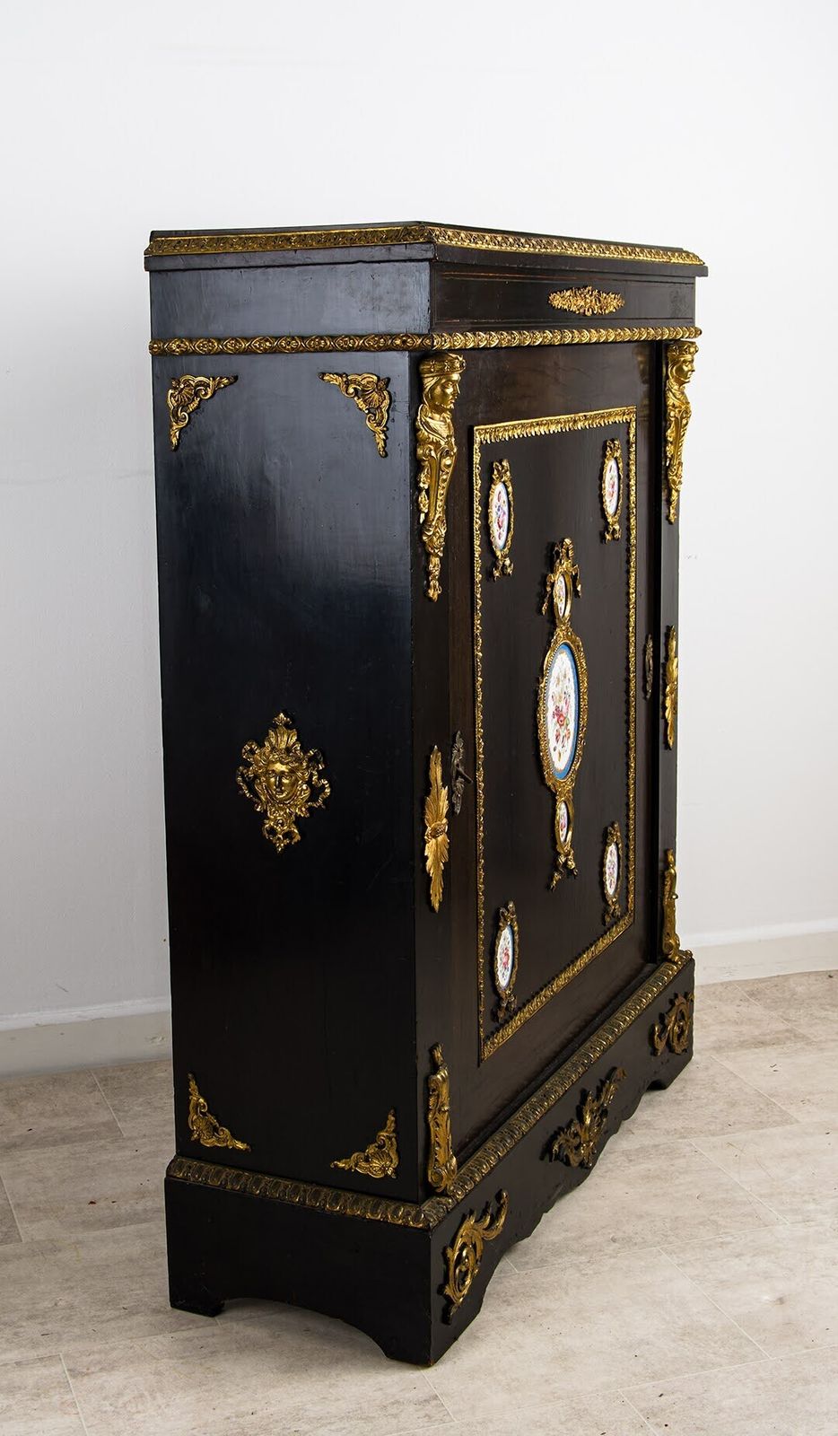Antique French Ebonised Ormolu Mounted Cabinet With Sevres Style Porcelain Plaques photo 1800.0