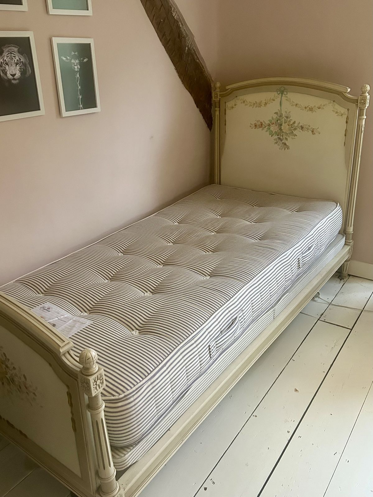 Hand Painted Antique French Single Bed With Base And Mattress