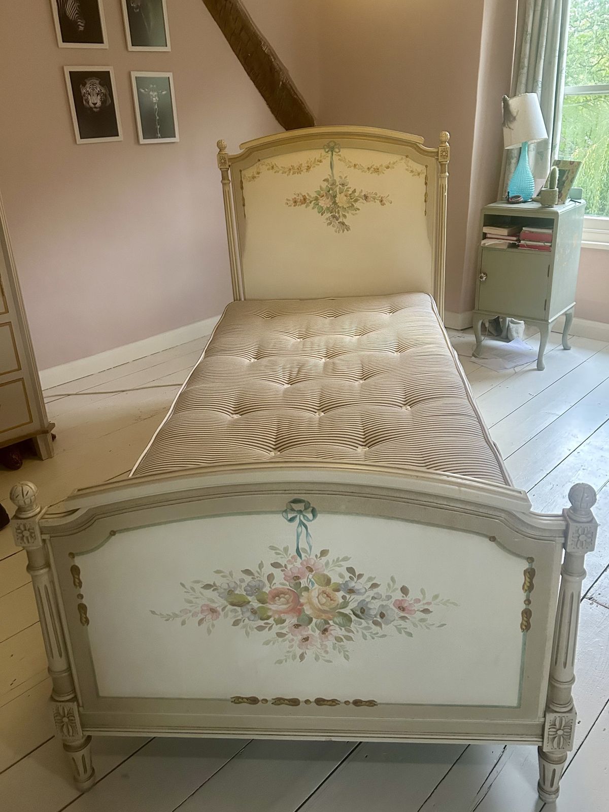 Hand Painted Antique French Single Bed With Base And Mattress photo Furniture