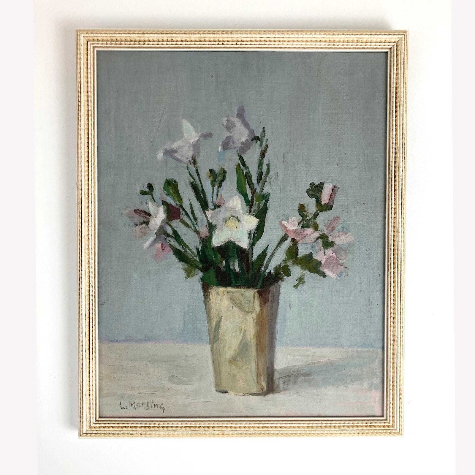 Campanula Flowers   Vintage Mid Century Modern Scandinavian Original Oil Painting By Leopold Morsing