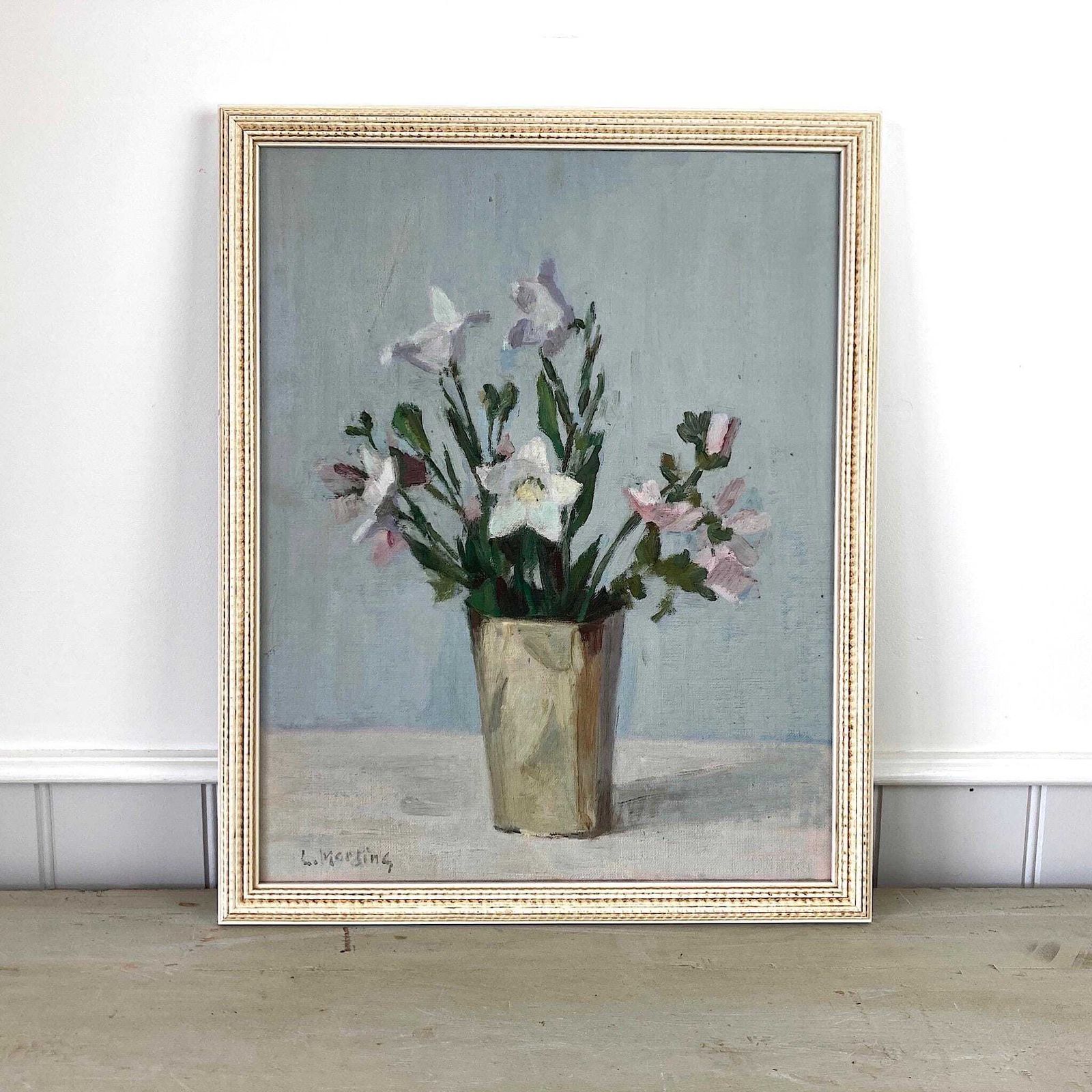 Campanula Flowers   Vintage Mid Century Modern Scandinavian Original Oil Painting By Leopold Morsing photo furniture