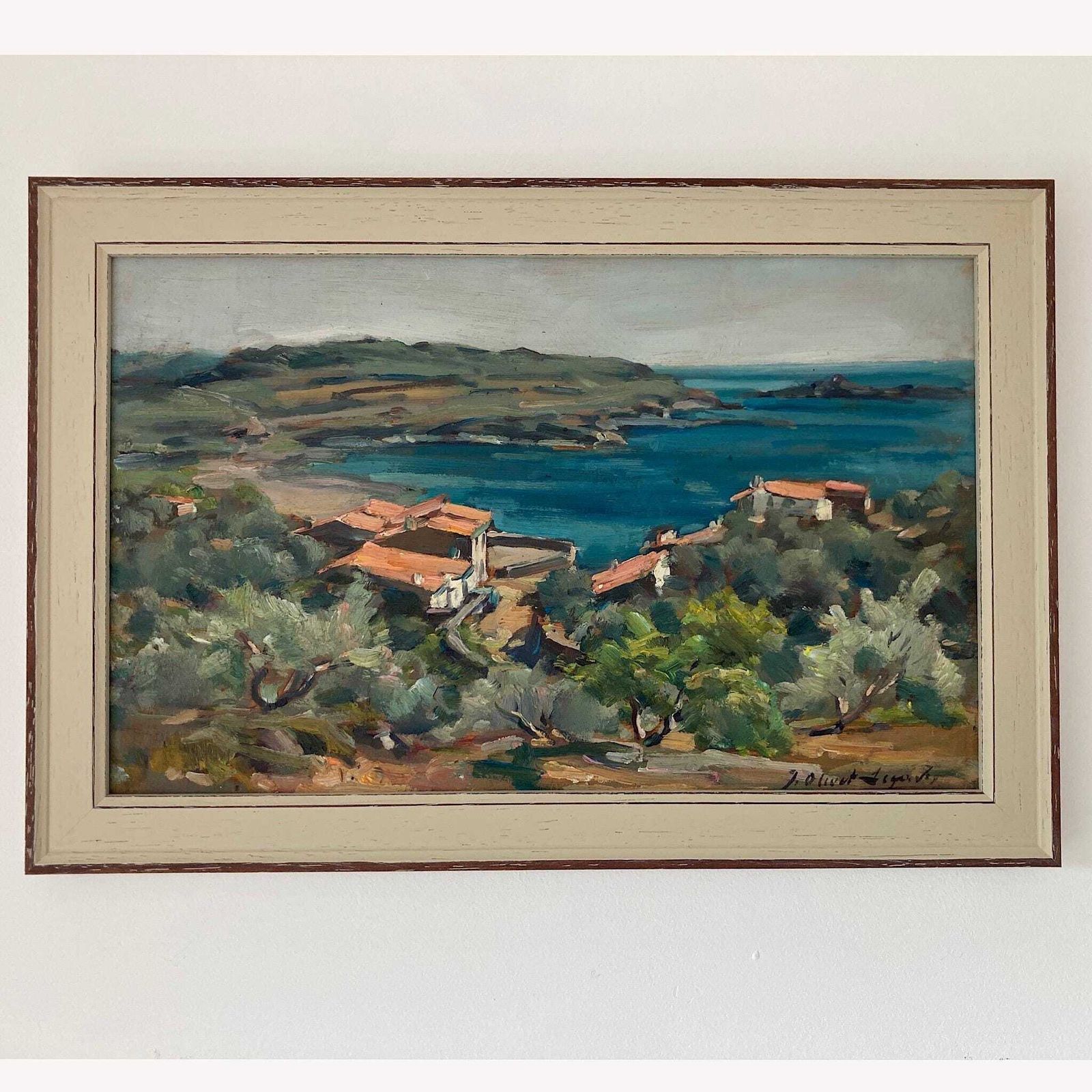 photo for sale Mediterranean View   Small Original Vintage Spanish Oil Painting Of A Bay