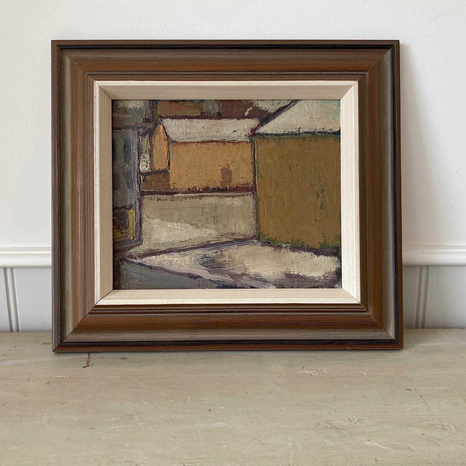 Mid Century Modern Street View   Vintage Mid Century Modern Scandinavian Original Oil Painting
