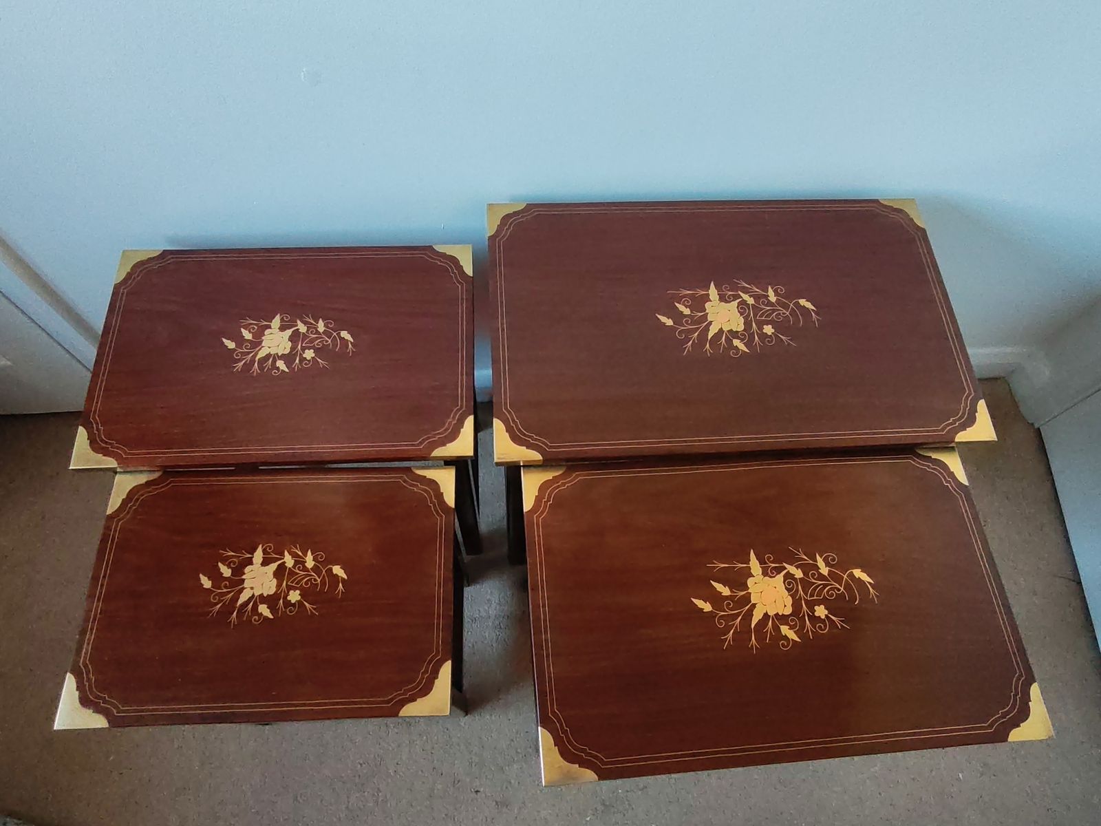 Rare Set Of 4 Nesting Tables In Solid Rosewood With Brass Floral Marquetry & Campaign Details photo furniture