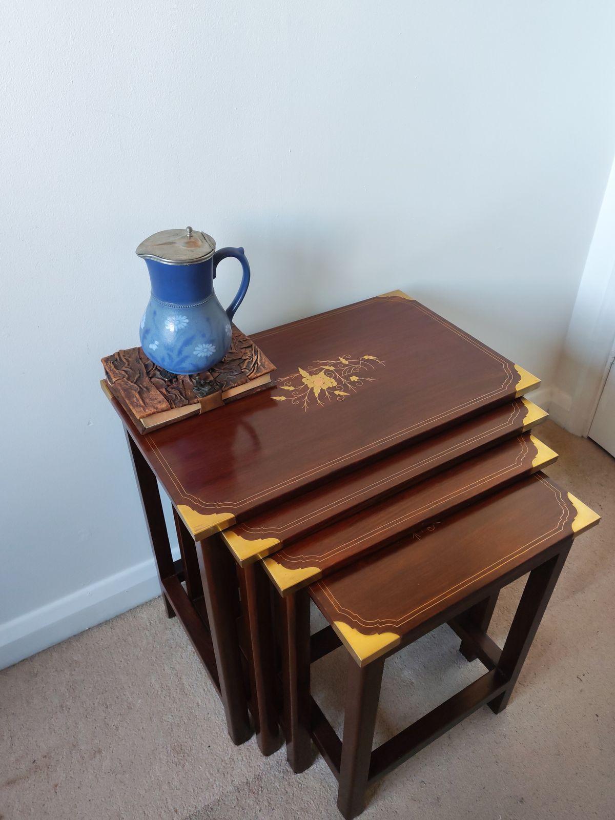 Rare Set Of 4 Nesting Tables In Solid Rosewood With Brass Floral Marquetry & Campaign Details photo Furniture