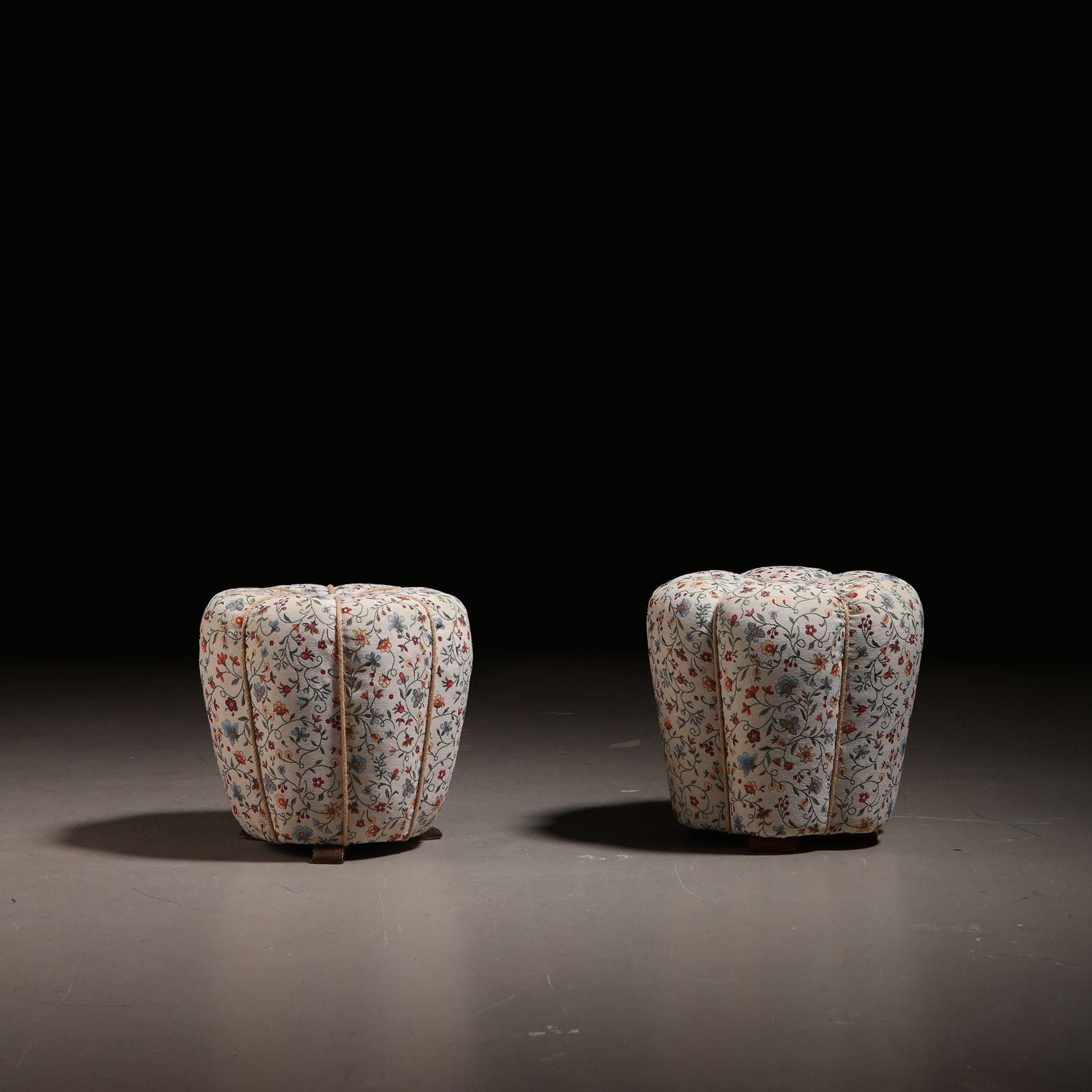 Jindřich Halabala Pair Of Art Deco Stools In Floral Fabric, 1930s photo Furniture