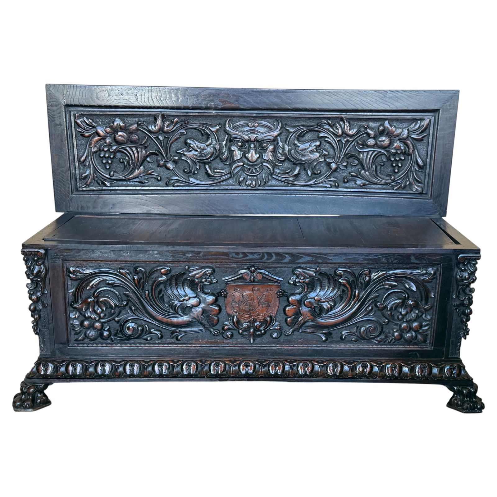 Banc de hall baroque espagnol à coffre, XIXe siècle