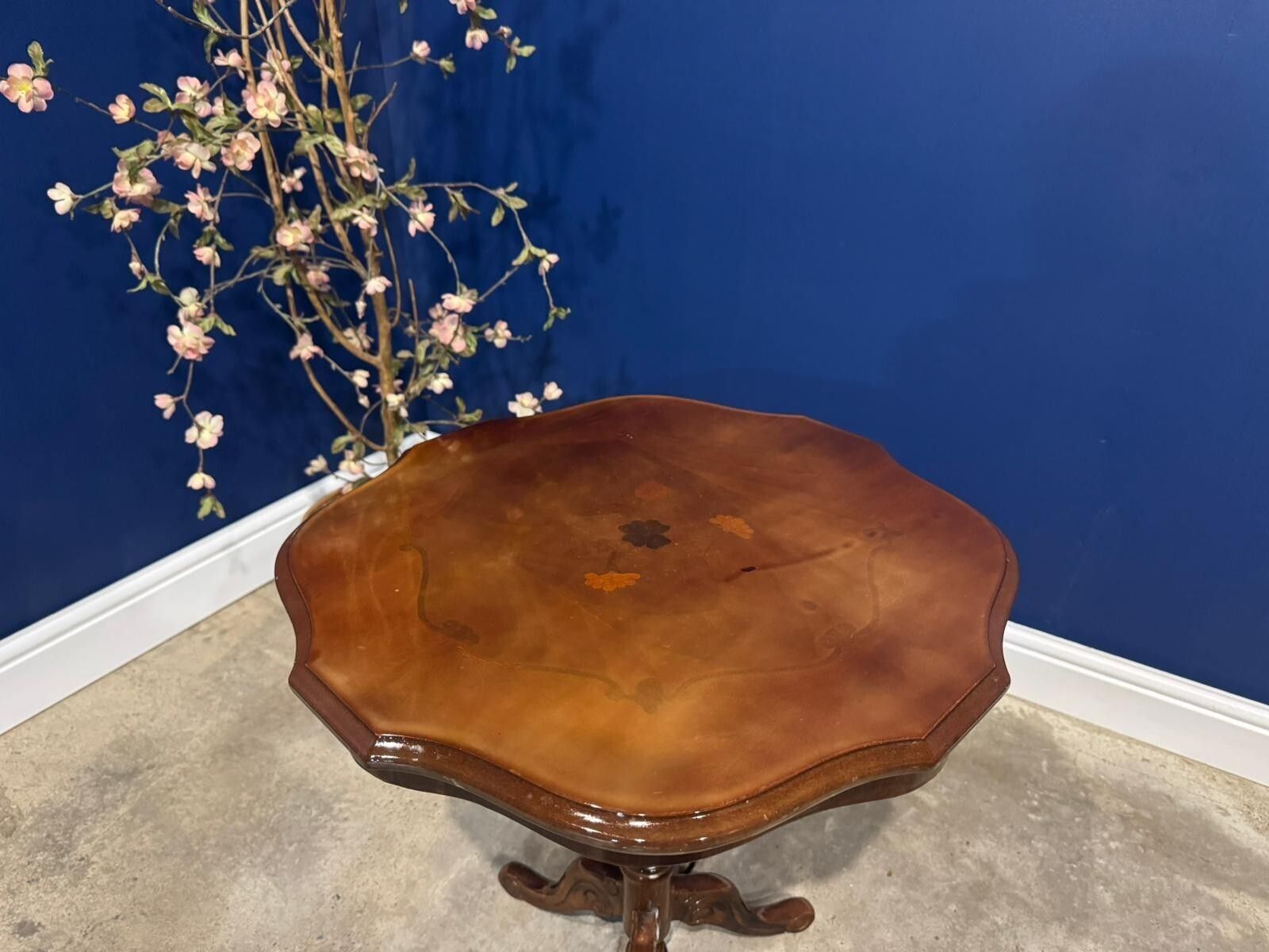 Vintage Italian Marquetry Side Table Inlaid Floral Wood Tripod Pedestal Table. photo furniture