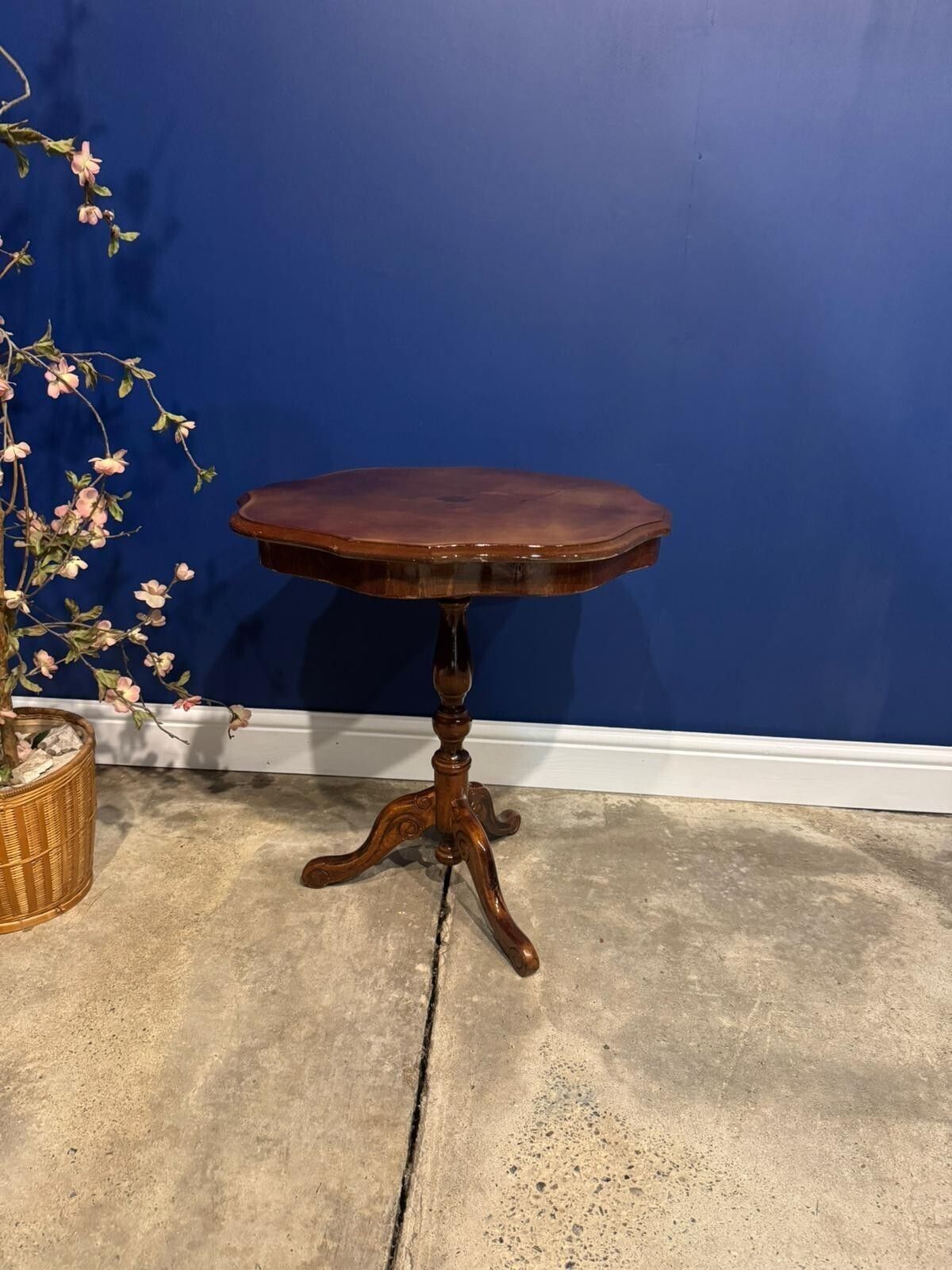 Vintage Italian Marquetry Side Table Inlaid Floral Wood Tripod Pedestal Table. photo for sale