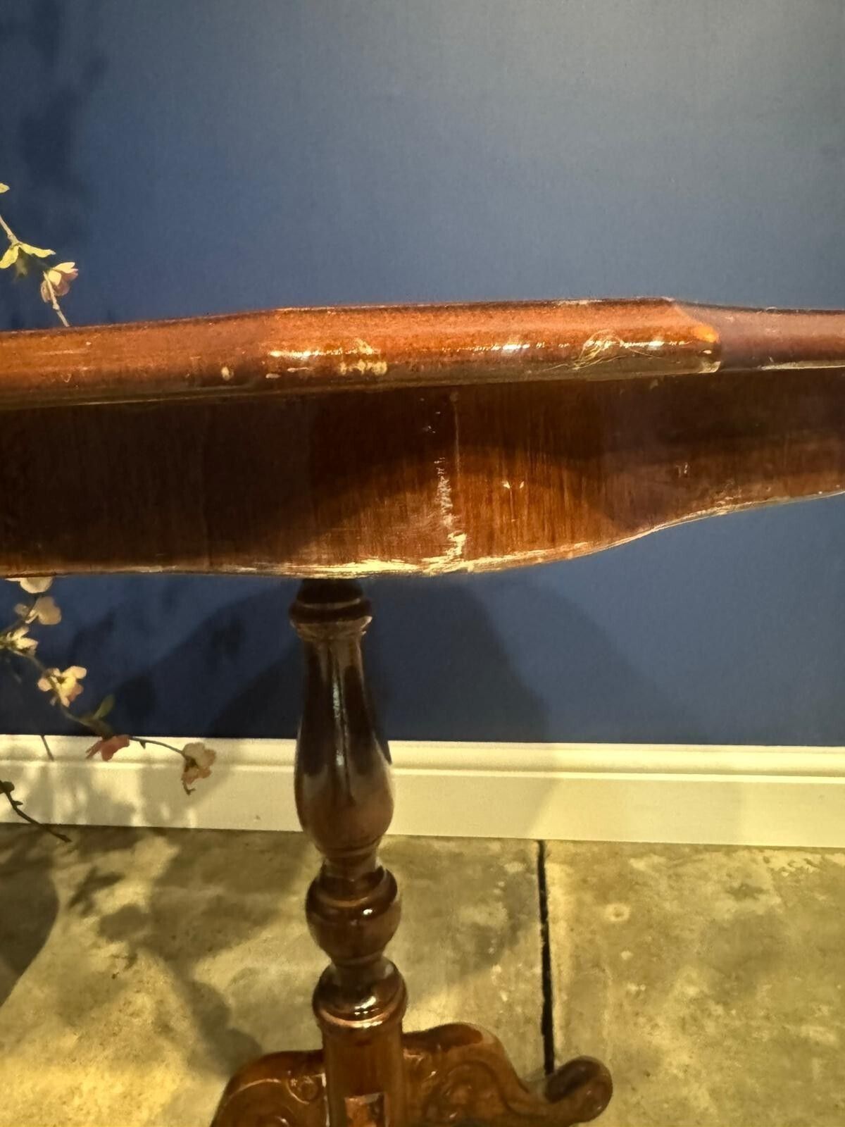 Vintage Italian Marquetry Side Table Inlaid Floral Wood Tripod Pedestal Table. photo buy