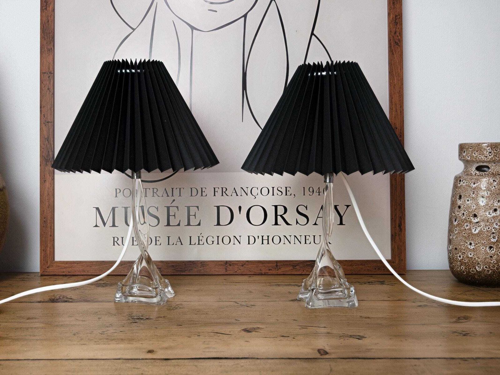 Vintage French Crystal Table Lamps – Mid Century Modern Black Pleated Shades. photo Lighting