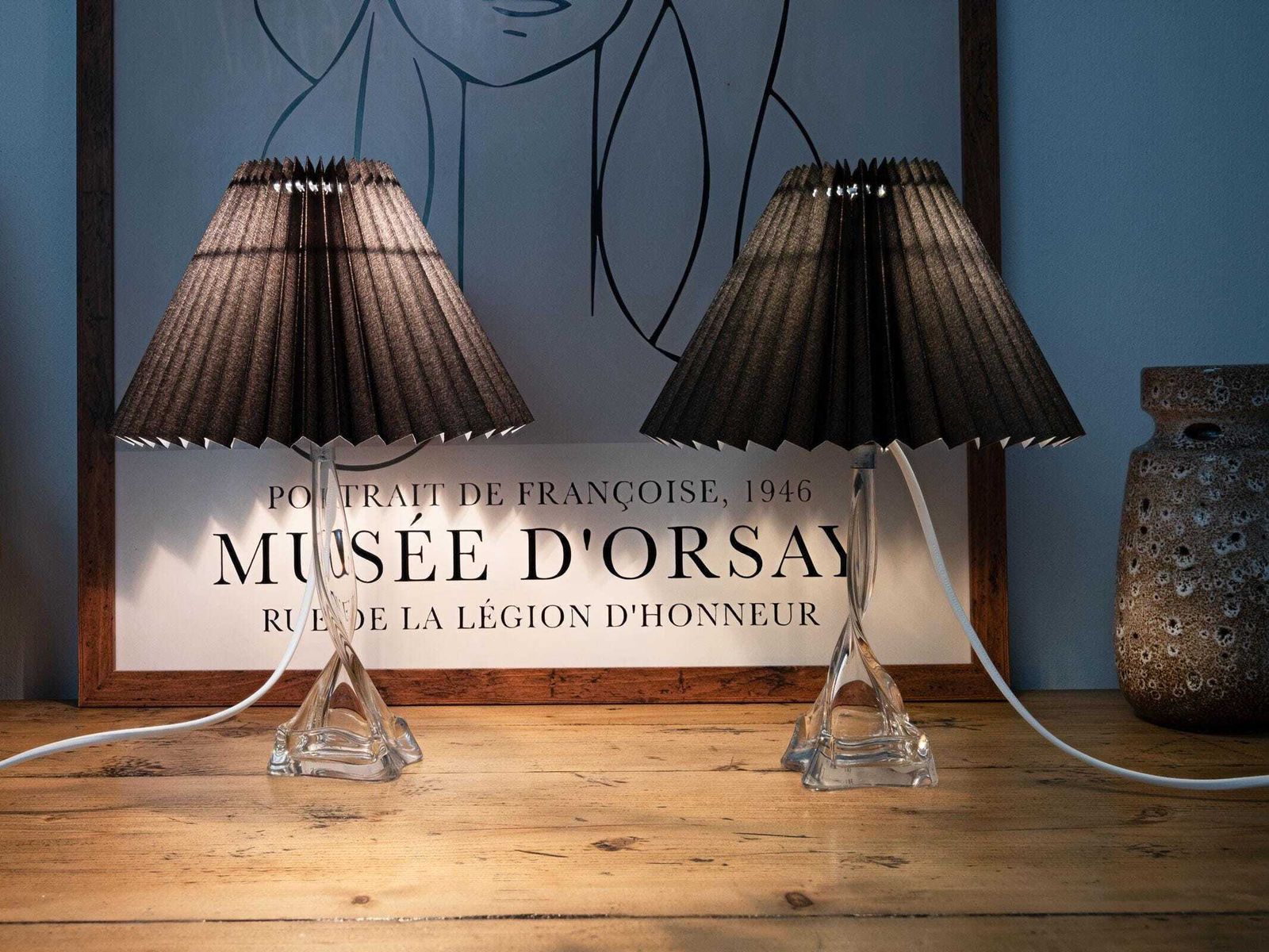 Vintage French Crystal Table Lamps – Mid Century Modern Black Pleated Shades. photo 105.0