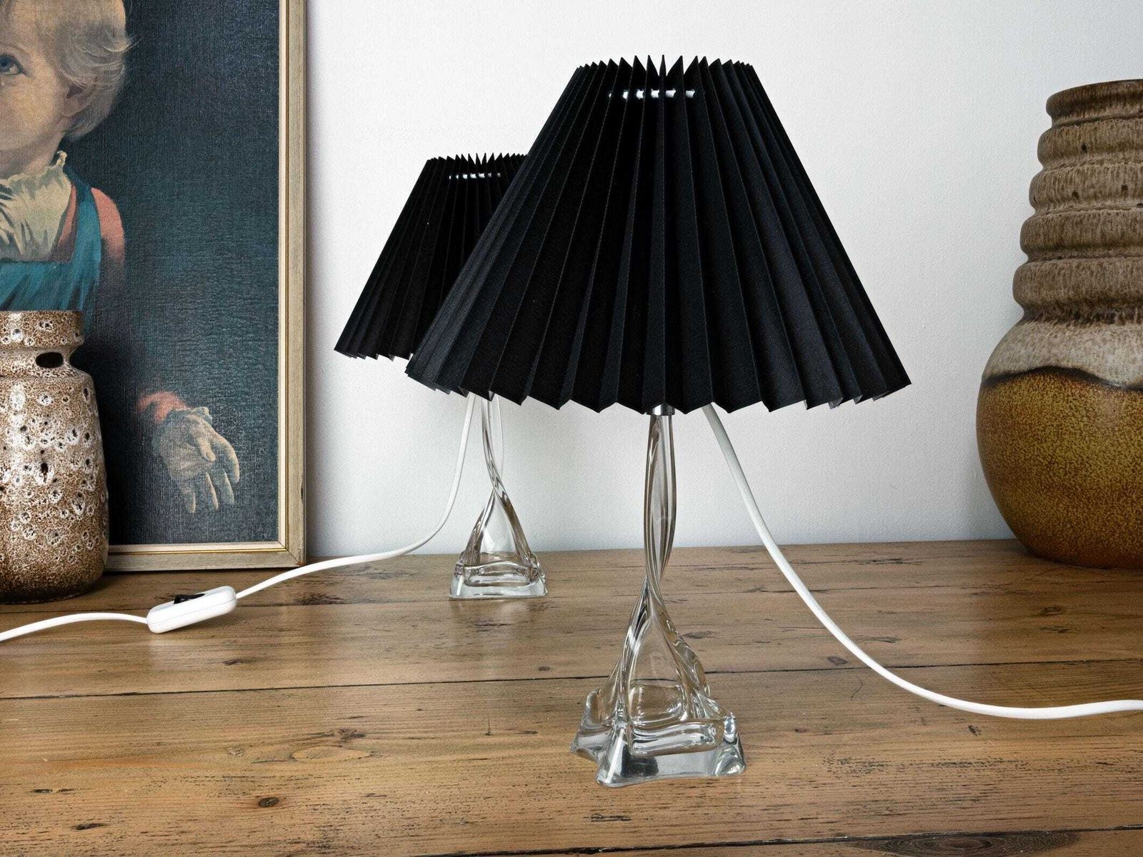 Vintage French Crystal Table Lamps – Mid Century Modern Black Pleated Shades. photo vinterior