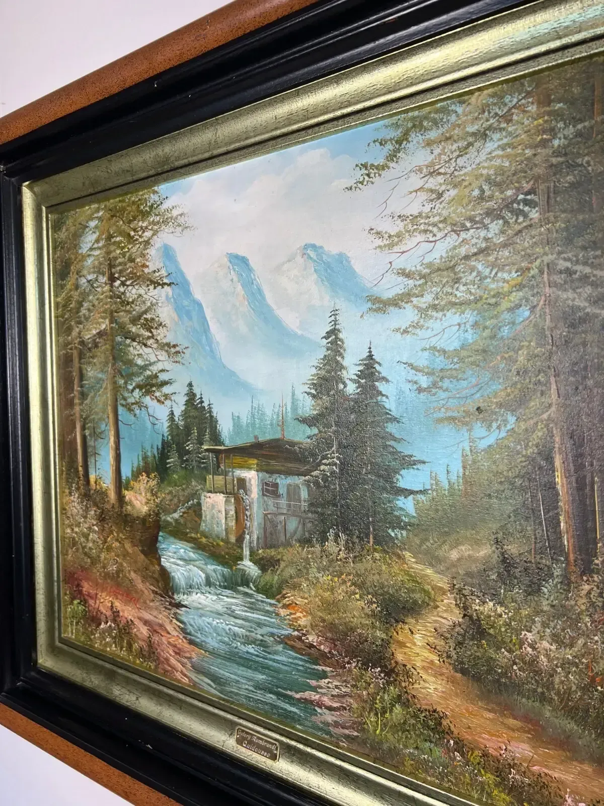 Painting Vintage Oil Painting Framed Lake Mountains Scene 73cm X 83cm Lot 5052 photo 299.0