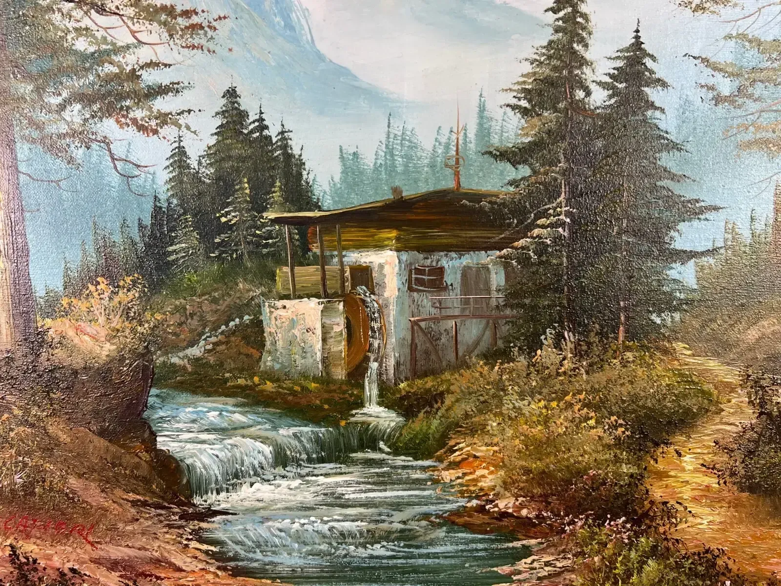 Painting Vintage Oil Painting Framed Lake Mountains Scene 73cm X 83cm Lot 5052 photo vintage