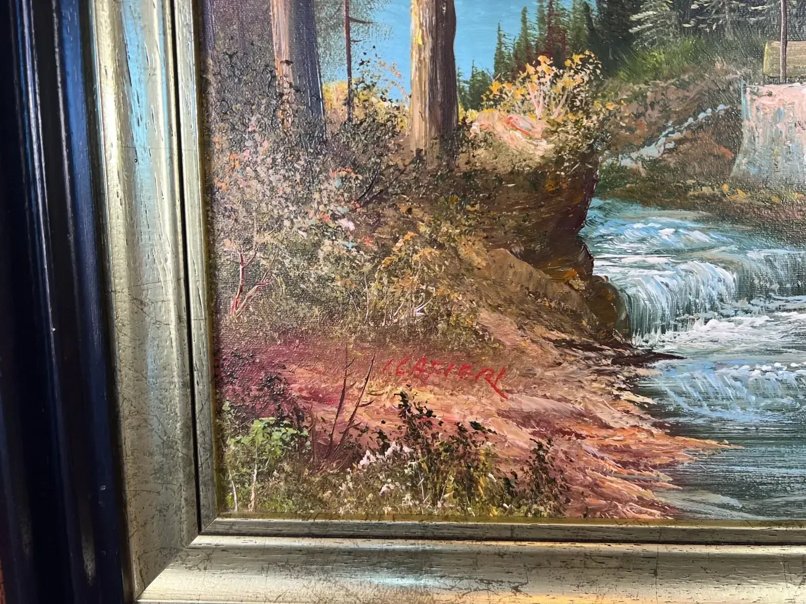photo furniture Painting Vintage Oil Painting Framed Lake Mountains Scene 73cm X 83cm Lot 5052