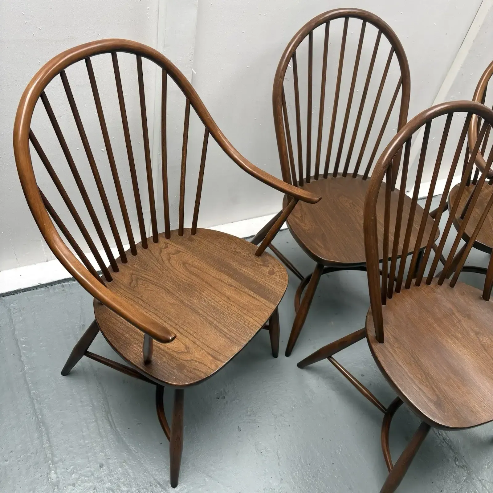 4 Ercol Dining Chairs Cryoline Stretcher Model 909 2 Rare Carvers Golden Dawn photo for sale