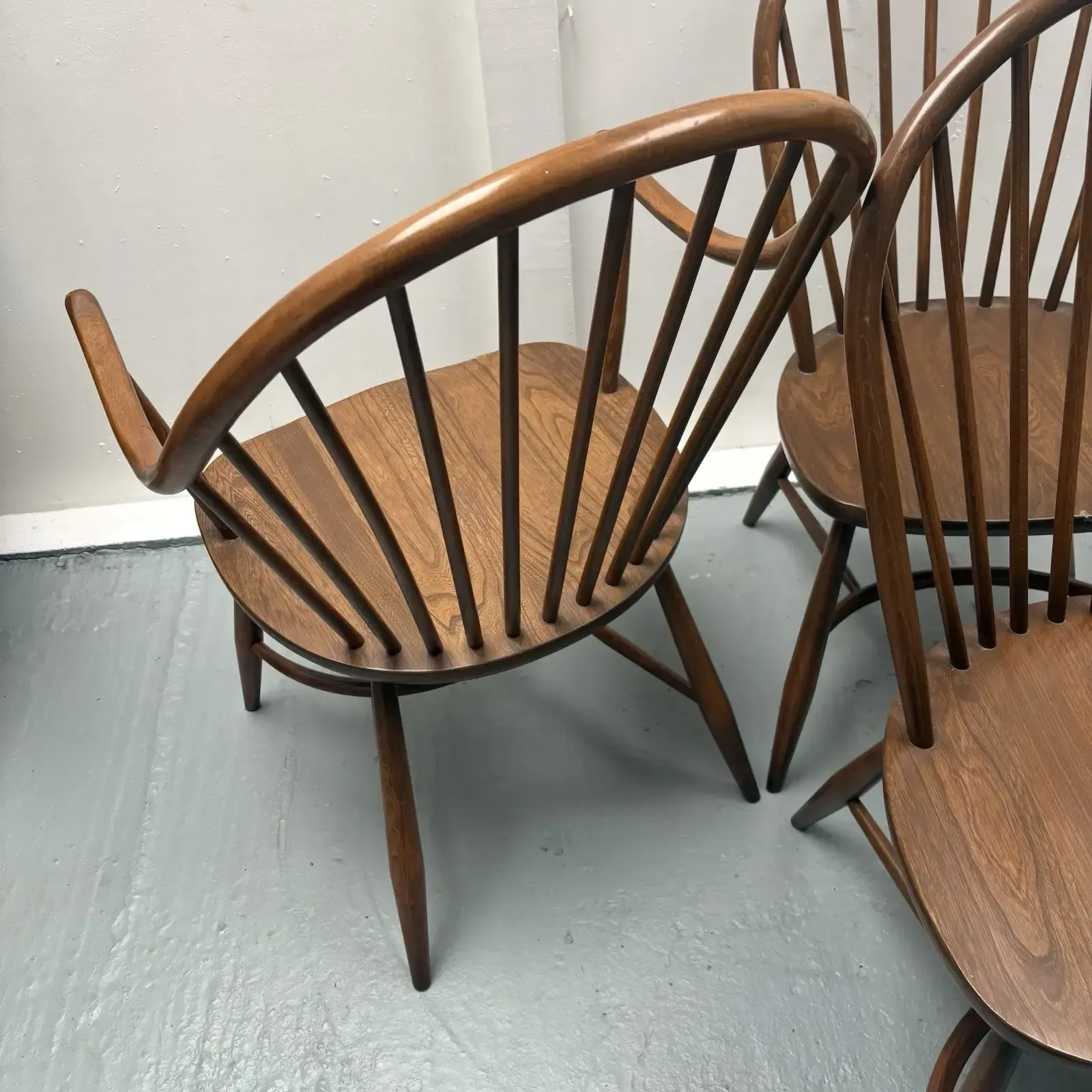 photo for sale 4 Ercol Dining Chairs Cryoline Stretcher Model 909 2 Rare Carvers Golden Dawn