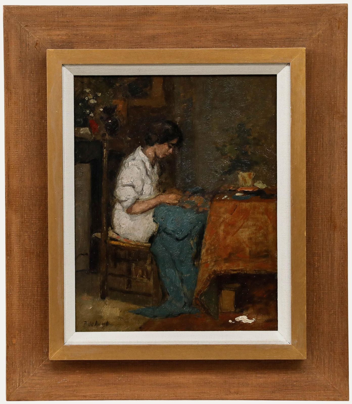 Pieter De Regt (1877 1960)   Early 20th Century Oil, Quietly Sewing