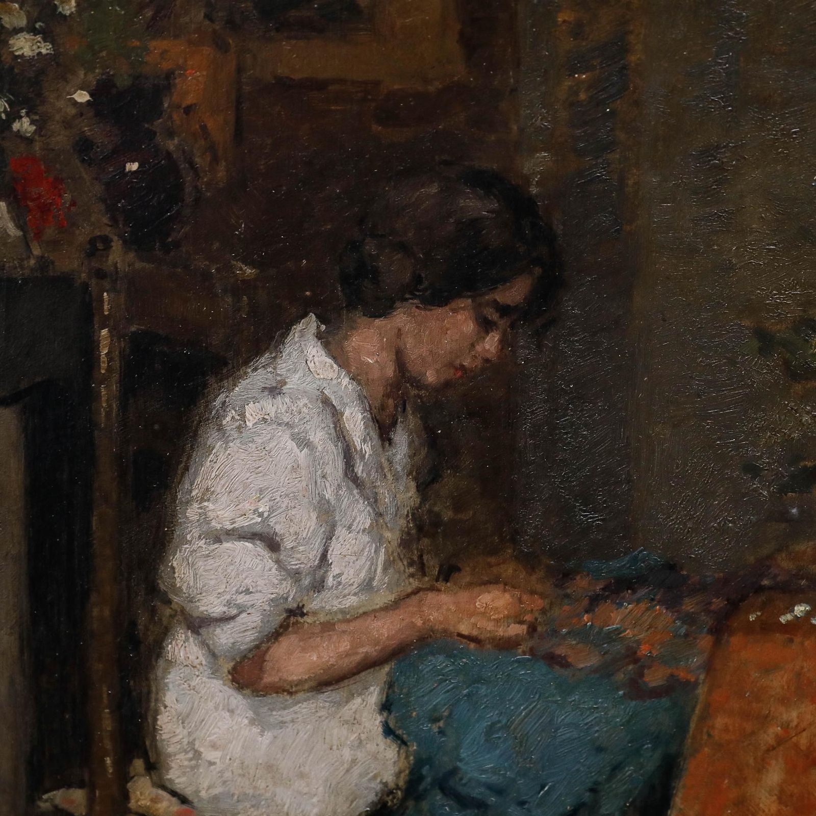 Pieter De Regt (1877 1960)   Early 20th Century Oil, Quietly Sewing photo Art