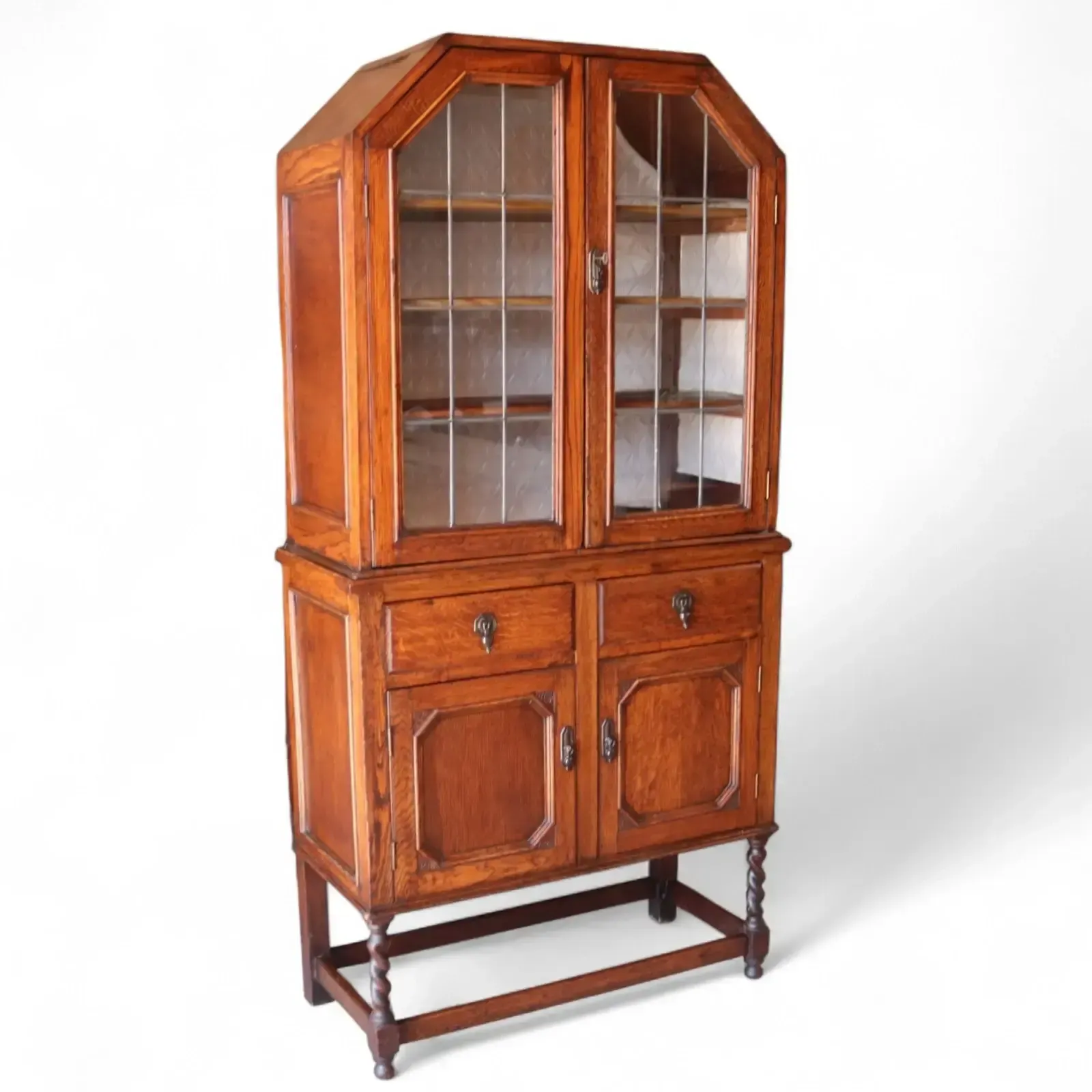 Antique Oak Leaded Glass Bookcase Jacobean Revival Arts & Crafts Style Cabinet