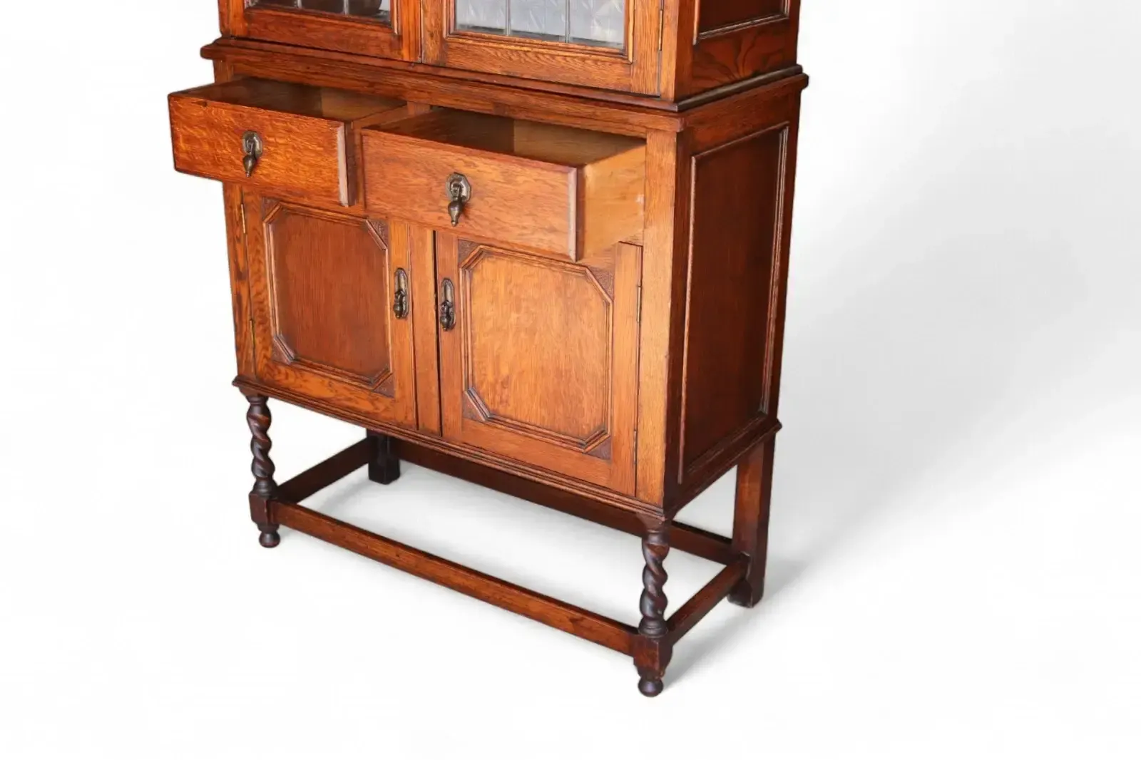 Antique Oak Leaded Glass Bookcase Jacobean Revival Arts & Crafts Style Cabinet photo for sale