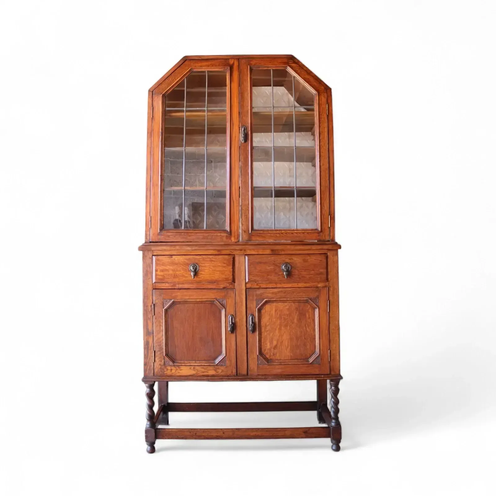 photo for sale Antique Oak Leaded Glass Bookcase Jacobean Revival Arts & Crafts Style Cabinet