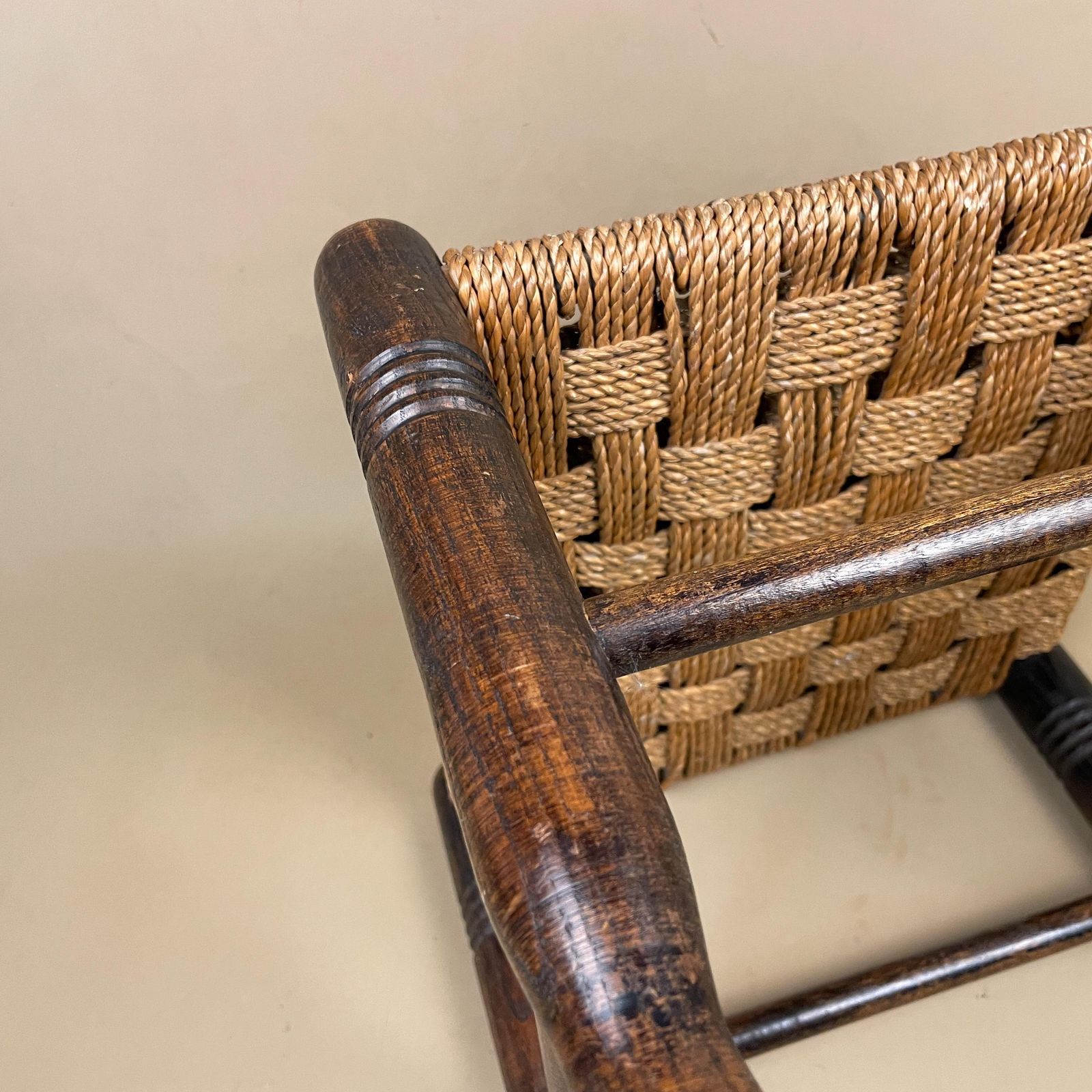 photo for sale Antique Wooden Foot Stool Woven String Wood Cottage Furniture Square Brown Hallway Seat 24.5x28x28cm Footstool Bench