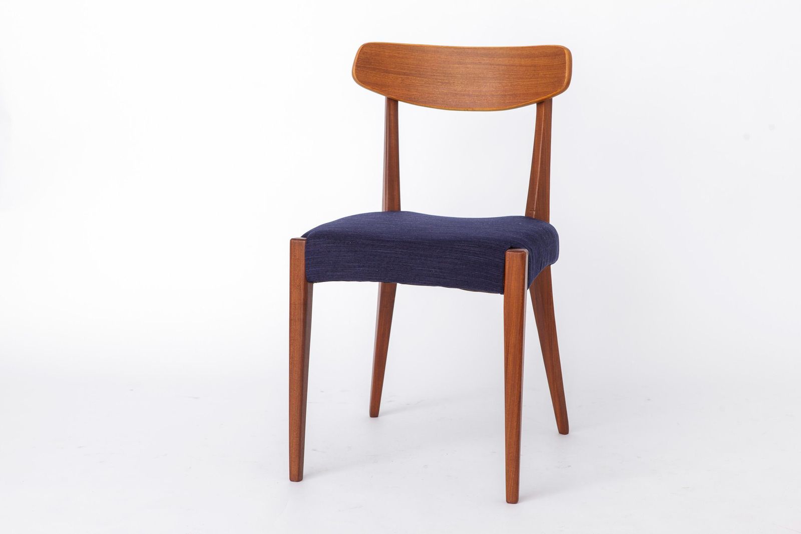 Furniture Set Of 3 Danish Teak Chairs 1960s, Vintage Mid Century Dining Chairs, Dark Blue Upholstered Seats photo