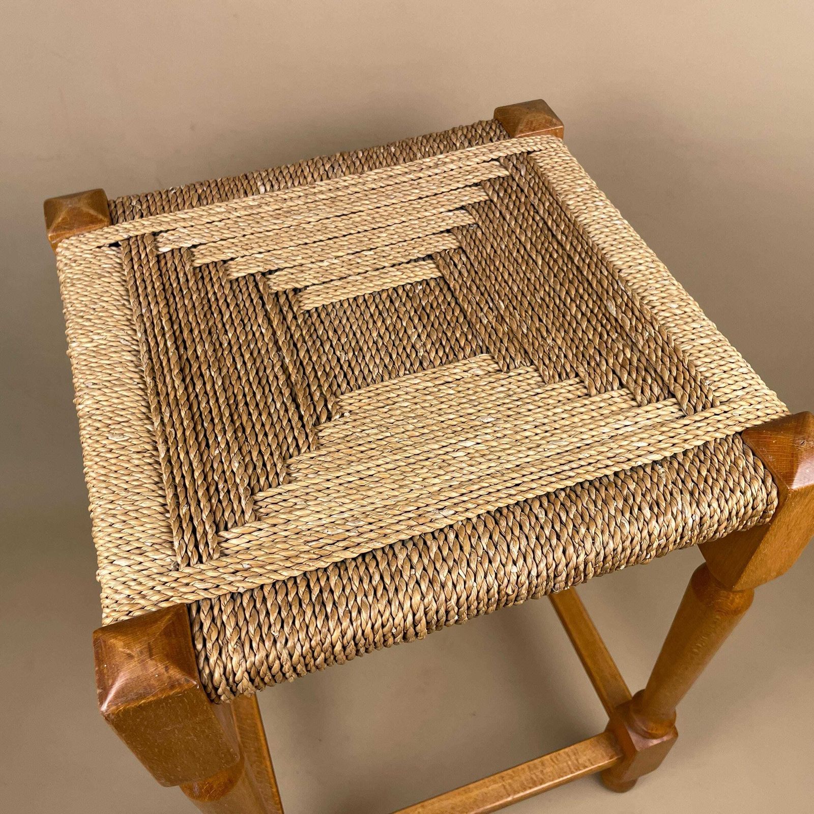 Antique Wooden Foot Stool Woven String Wood Cottage Furniture Square Brown Hallway Seat 45x30x30cm Footstool Bench photo for sale