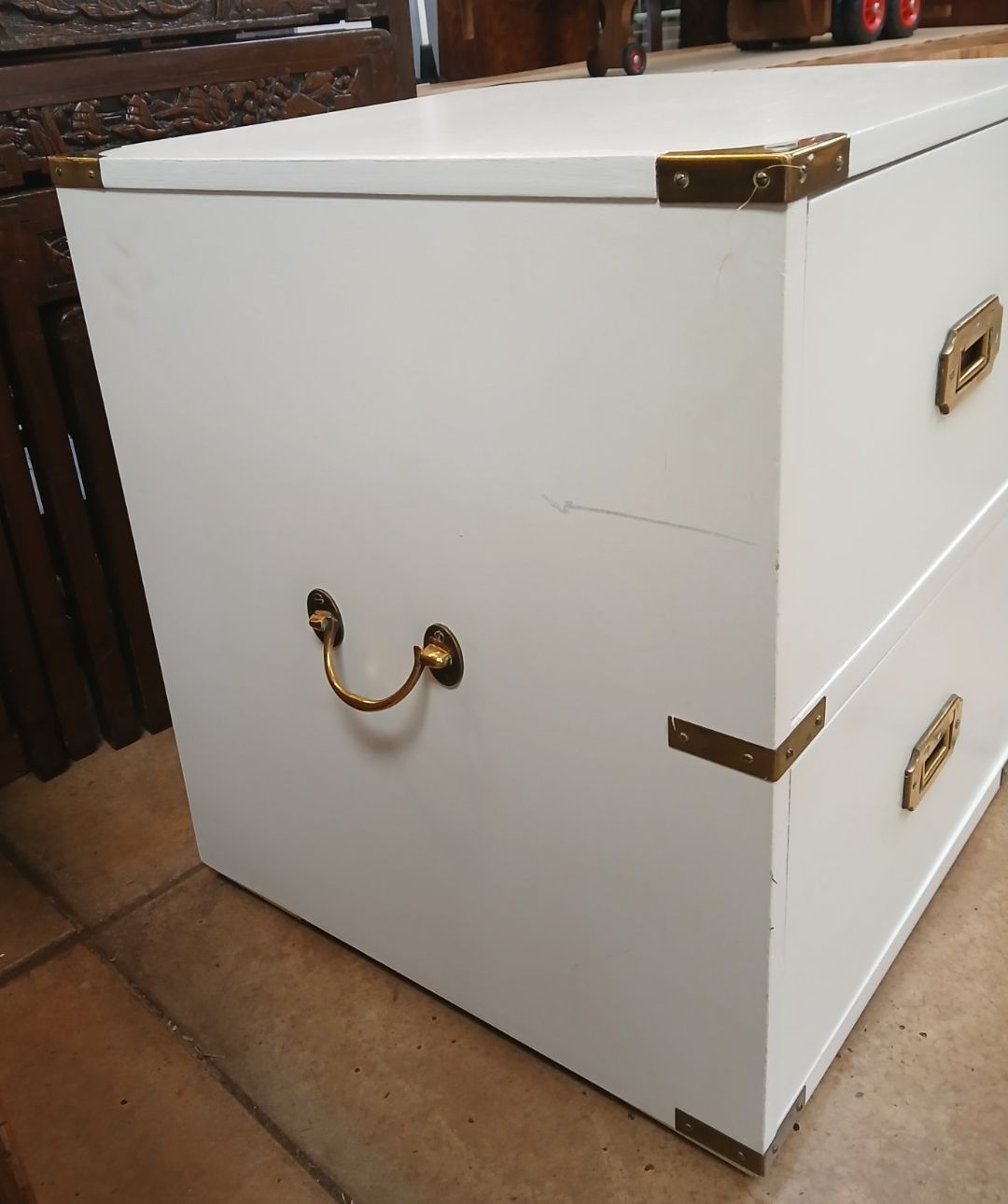 Mid Century White With Brass Fittings Campaign Style Bedside Cabinet (1960's) photo furniture