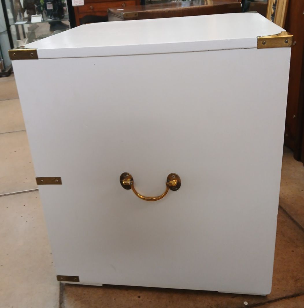 Mid Century White With Brass Fittings Campaign Style Bedside Cabinet (1960's) photo for sale