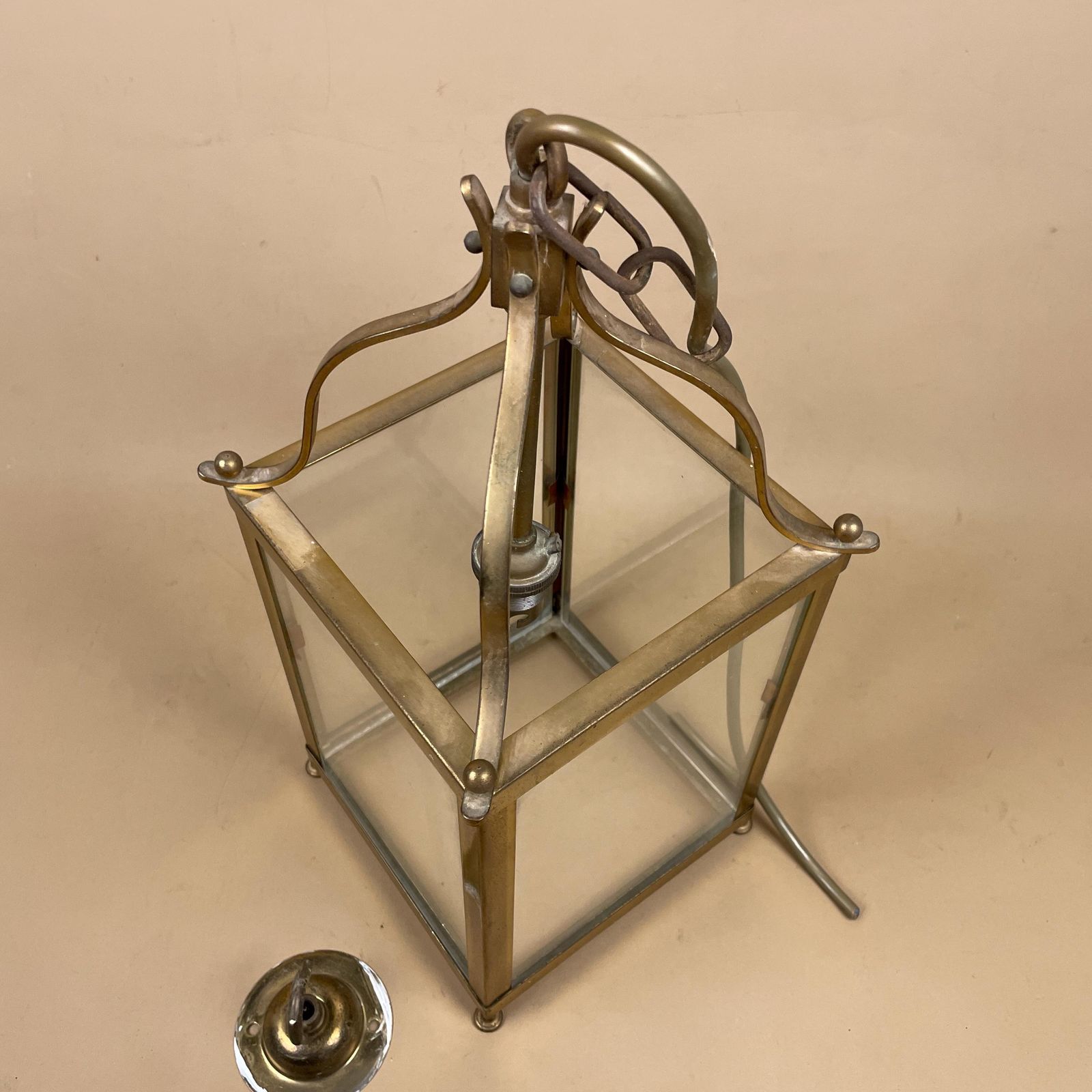 photo for sale Antique Square Pendent Ceiling Light Lantern Metal Gold Brass Lamp Indoor Glass Vintage Lamp Lights Ornate Detail Chain Hanging