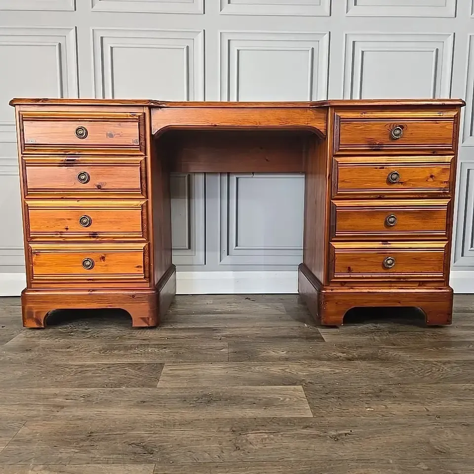 Furniture Vintage Ducal Dressing Table Pine Twin Pedestal Desk Solid Wood 9 Drawer Writing photo
