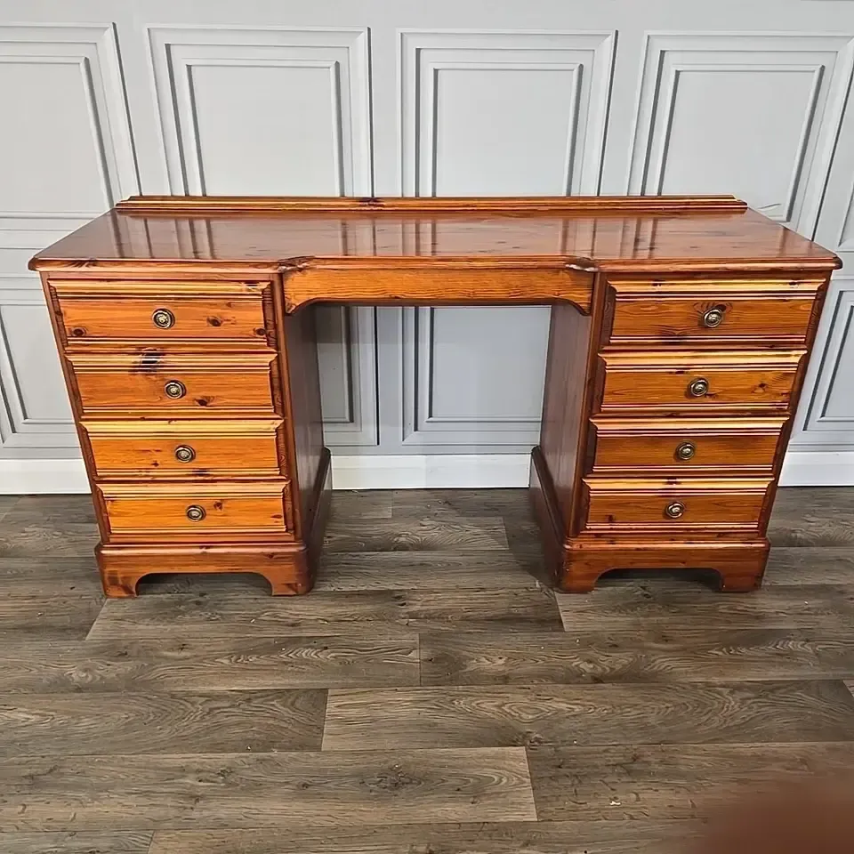 290.0 Vintage Ducal Dressing Table Pine Twin Pedestal Desk Solid Wood 9 Drawer Writing photo