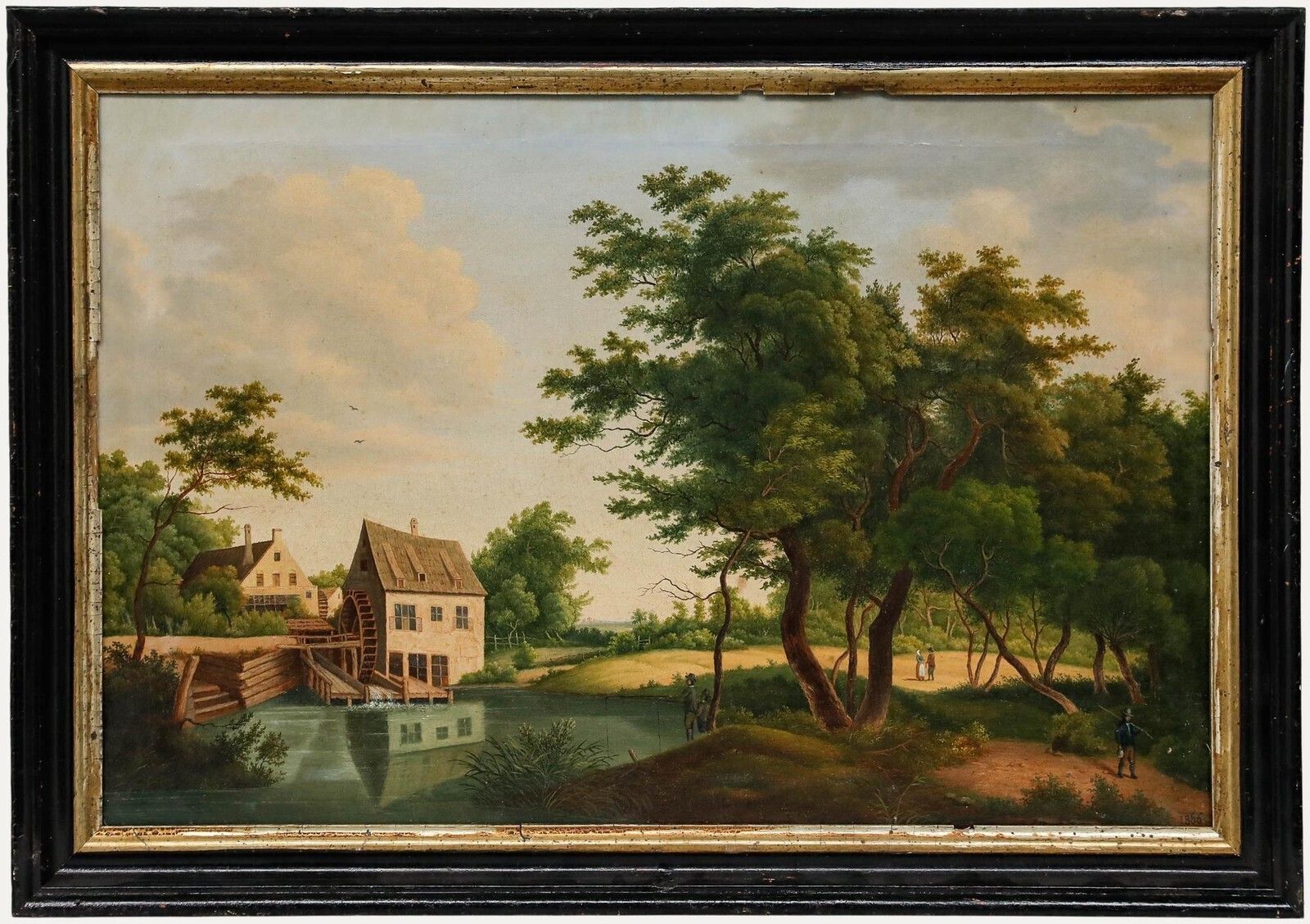 Late Biedermeier 1866 Oil   Fishing By The Watermill