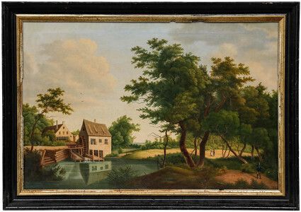 Late Biedermeier 1866 Oil   Fishing By The Watermill photo furniture