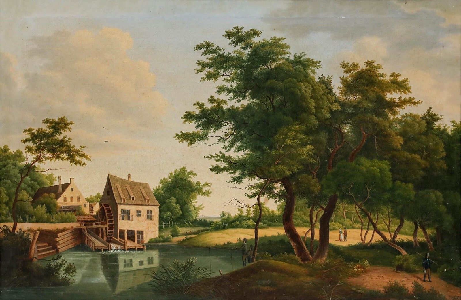 Late Biedermeier 1866 Oil   Fishing By The Watermill photo for sale