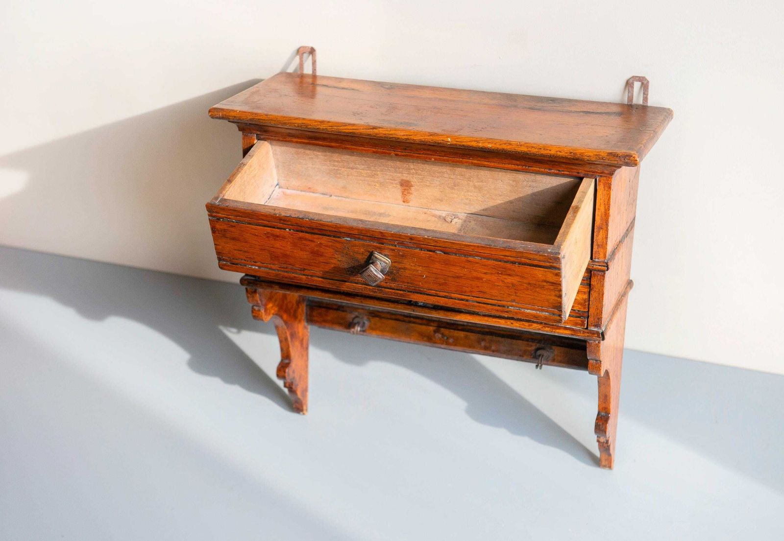 photo for sale Antique Oak Wall Cabinet   Folk Art Farmhouse   Hanging Cabinet With Drawers