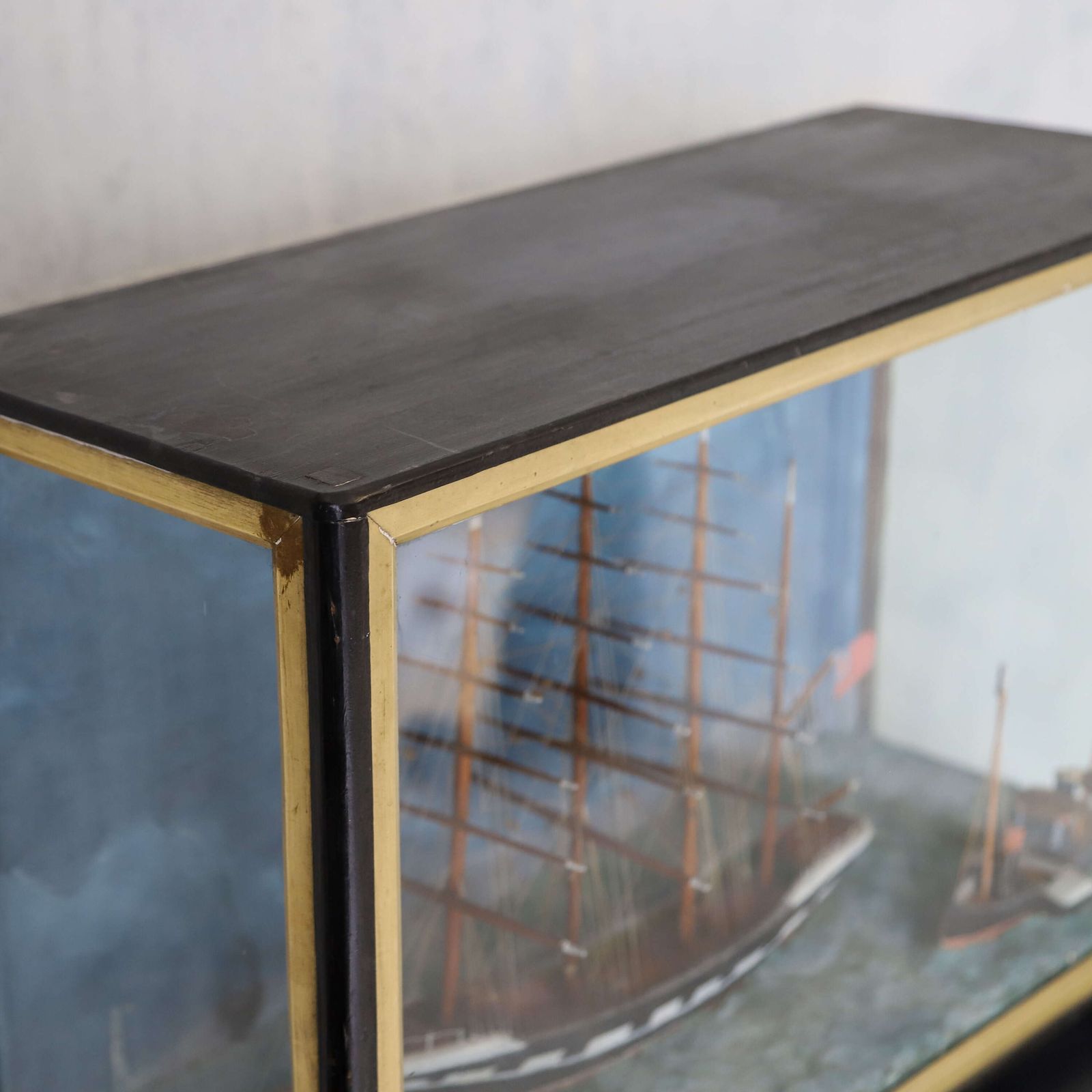 Four‑Masted Sailing Ship Diorama With Steam Barge   Turneresque Seascape photo vintage
