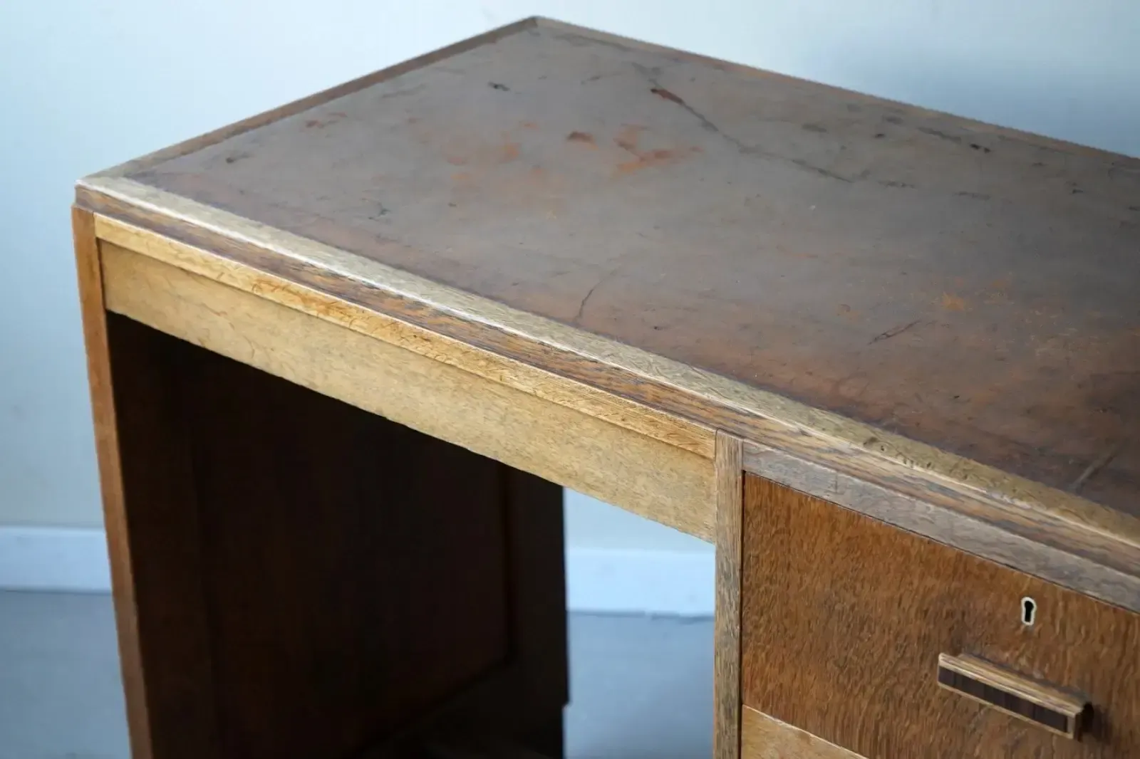 photo furniture Art Deco Oak Desk With Tooled Leather Top, England C.1930 Heals