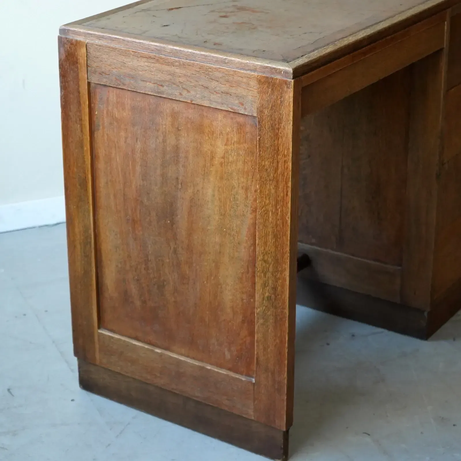 Furniture Art Deco Oak Desk With Tooled Leather Top, England C.1930 Heals photo