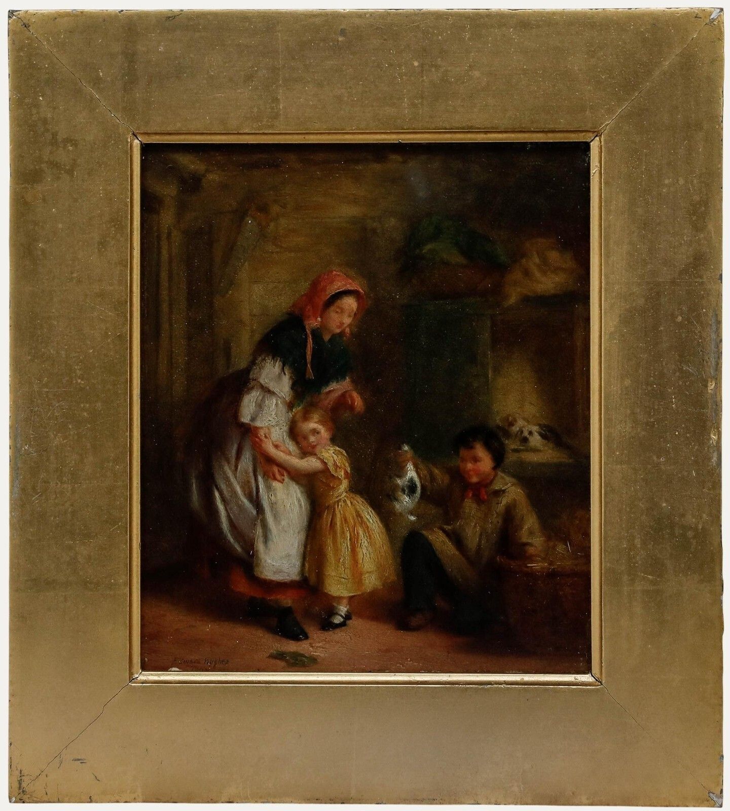 Edwin Hughes (1842 1922)   Miniature Mid 19th Century Oil, Pet Rabbits