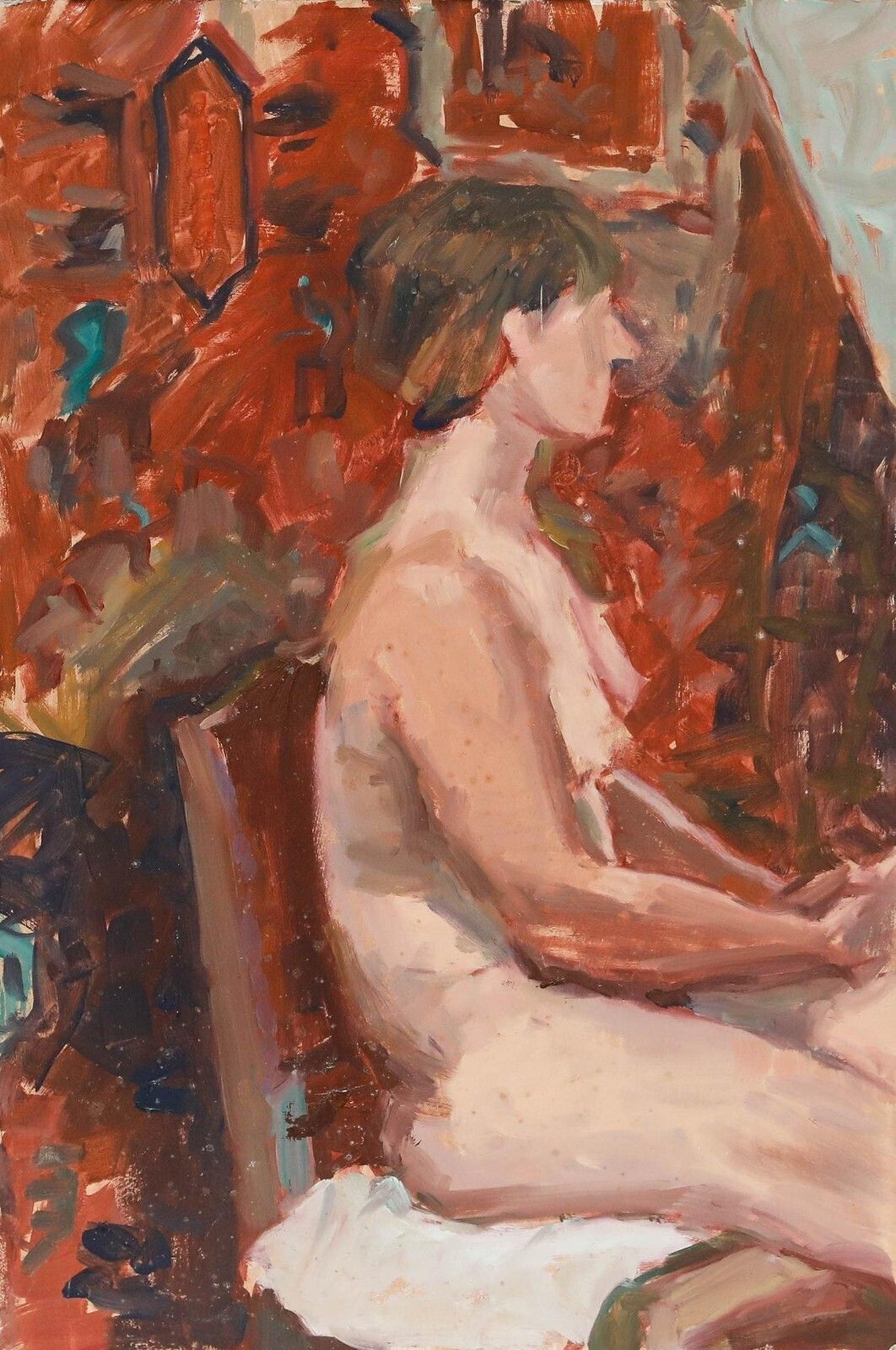 Pauline Plummer (B.1933)   Framed 20th Century Oil, Nude On Red Textile photo for sale