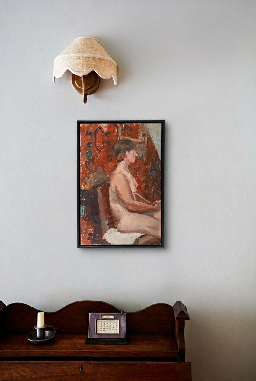Pauline Plummer (B.1933)   Framed 20th Century Oil, Nude On Red Textile photo Art