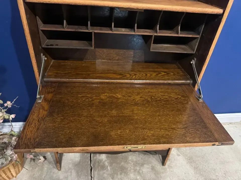 Antique Oak Arts And Crafts Writing Bureau Students Deck Bookshelf Hall photo vintage