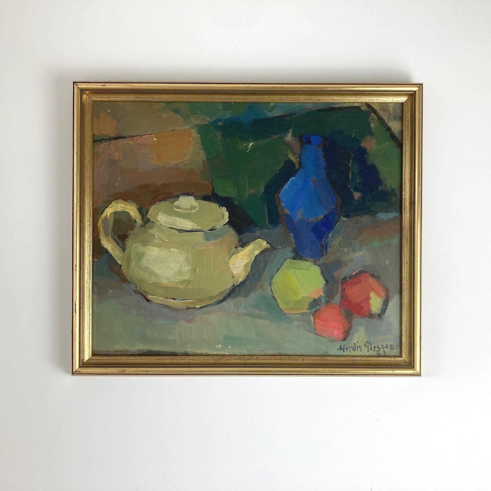 The Studio Table   Vintage Mid Century Modern Scandinavian Original Oil Painting