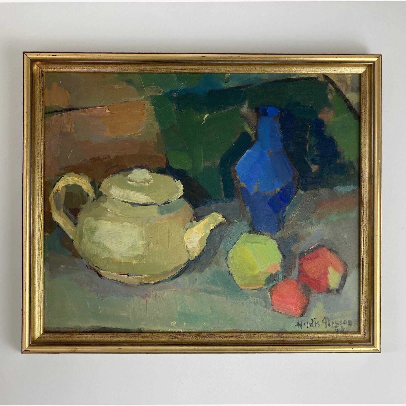 The Studio Table   Vintage Mid Century Modern Scandinavian Original Oil Painting photo furniture